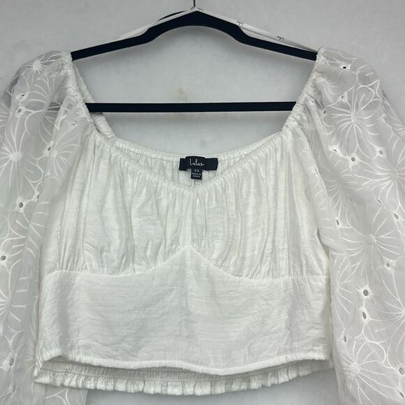 LuLu's Eagerly Anticipate White Embroidered Long Sleeves Floral Crop Top Sz SX - Picture 6 of 12